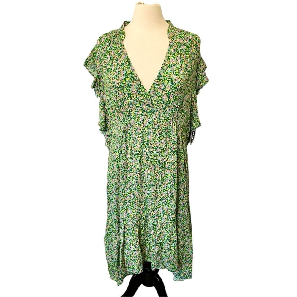 Scoop Green Floral Midi Dress XXL Flutter Sleeve Boho Ruffle Hem NWT